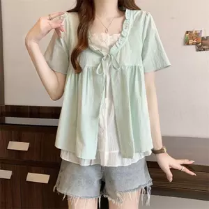 Phong cách Hàn Quốc Nấm viền Khâu ngọt ngào Giảm tuổi giả hai mảnh có dây buộc mỏng hơn