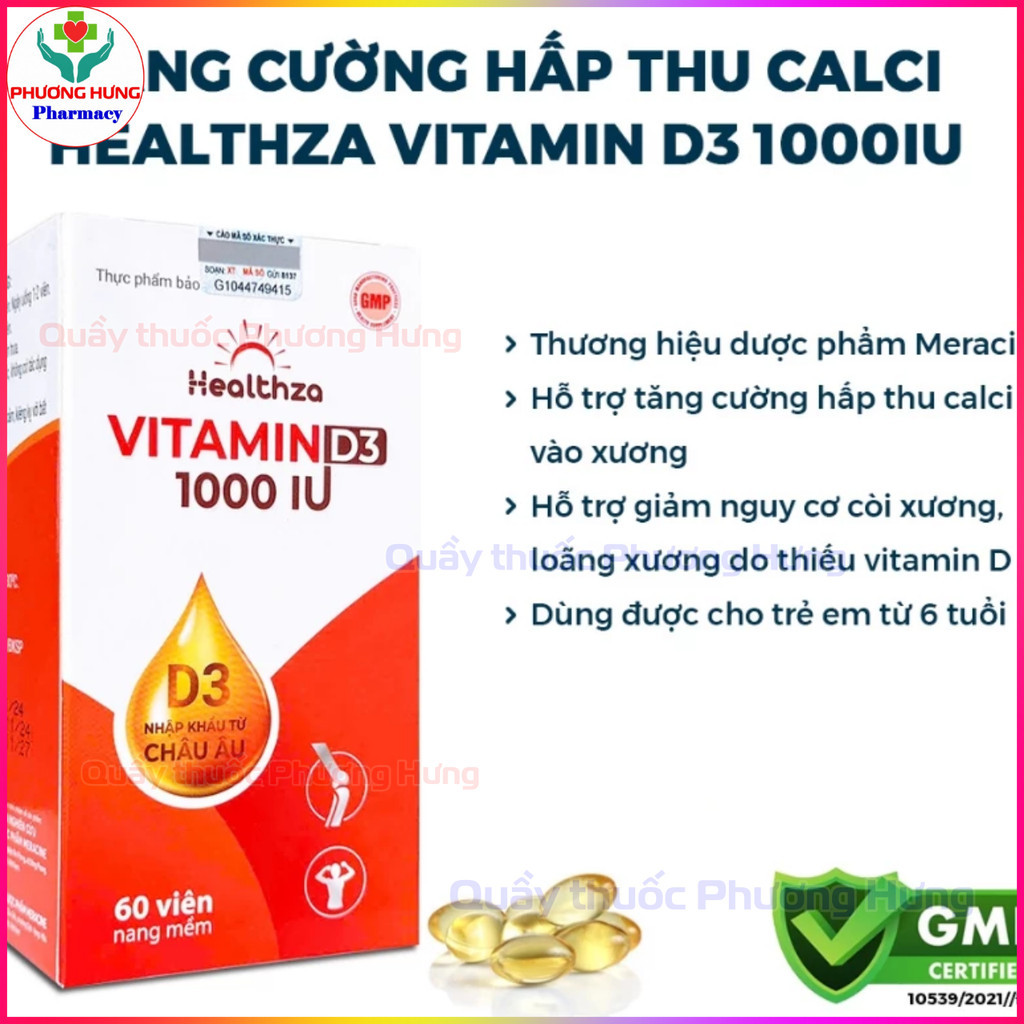 Healthza Vitamin D3 1000IU Tăng Cường Hấp Thu Calci, Giảm Nguy Cơ Còi Xương,Loãng Xương-Hộp 60 Viên