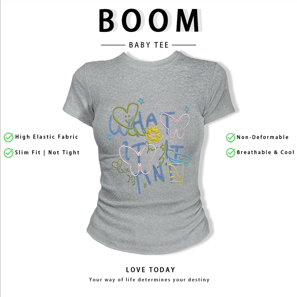 BOOM Áo Baby Tee Nữ Cotton Ôm Body-Áo Thun Ngắn Tay Y2K In Hình PhongCách Mùa Hè, Cổ Tròn Hàng Đầucách hàn quốc phong