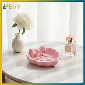 BVY Khay đựng đồ trang sức hình trái tim 3D In nơ màu hồng Máy tính để bàn cho nhẫn Giá đỡ bông tai Trang trí phòng ngủ.