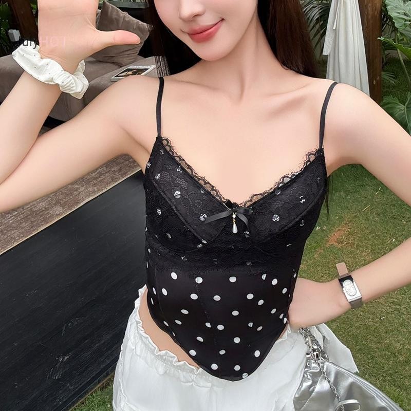 Áo Sơ Mi Cổ Chữ V Ren Chấm Bi Mùa Hè Gợi Cảm JULYHOT Nữ