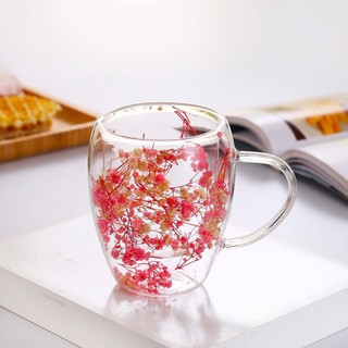 Cốc hoa khô thủy tinh hai lớp Borosilicate cao Cốc cà phê gia đình Cốc trà chịu nhiệt độ cao Hoa thật Cốc uống nước sáng tạo D4H3