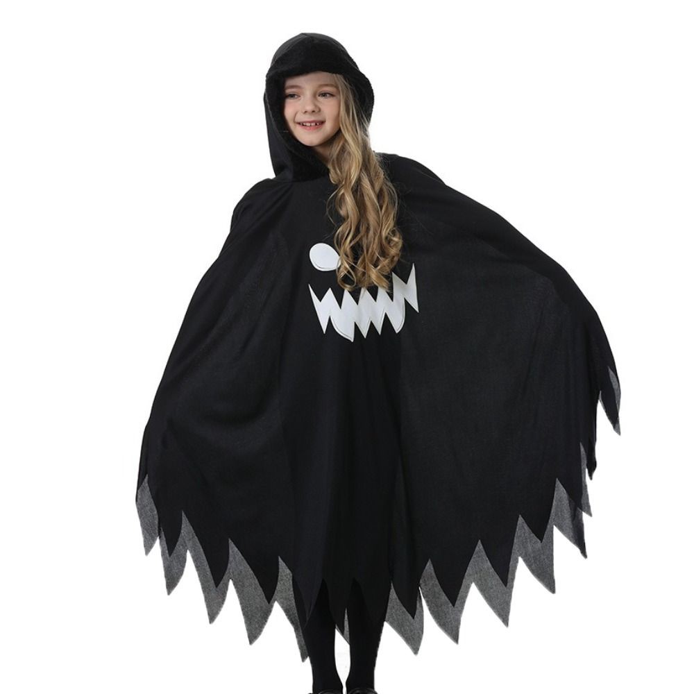 Hood Cape cosplayGhost, thiết kế khuôn mặt ma và phát sáng trong bóng tối, bộ đồ Halloween màu đen trắng dành cho bé trai