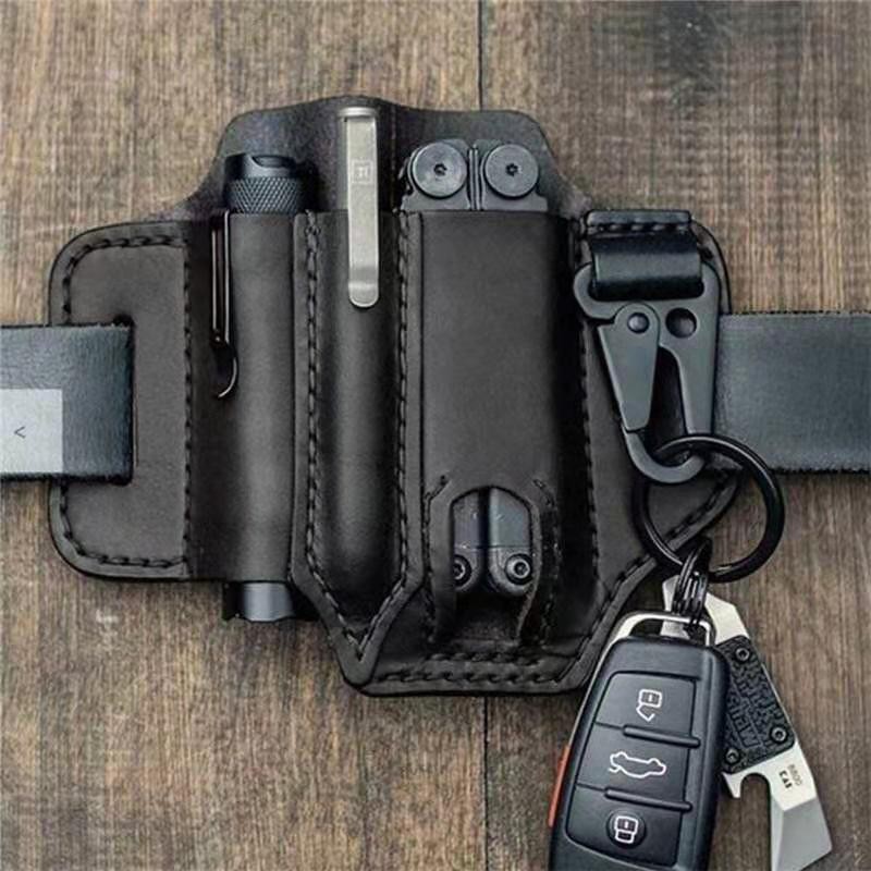 Ngoài Trời Retro Da Eo Túi Đa Năng EDC Dụng Cụ Đa Năng Lưu Trữ Dao Đèn Pin Kép Sử Dụng Màu Đen