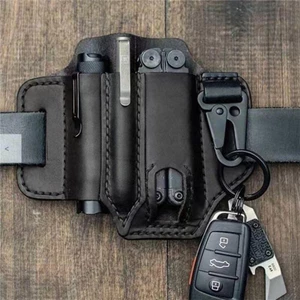 Ngoài Trời Retro Da Eo Túi Đa Năng EDC Dụng Cụ Đa Năng Lưu Trữ Dao Đèn Pin Kép Sử Dụng Màu Đen
