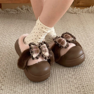 XIXITIAO Giày lông nữ mùa đông , thoải mái, đế dày, có nơ dễ thương và tai thỏ, phong cách Lolita.