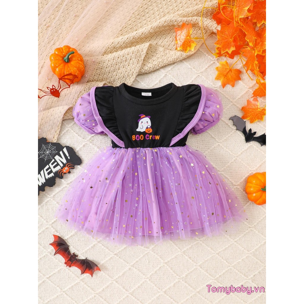 Bé Gái Halloween Một Dòng Đầm Ma In Chữ Ngắn Tay Phồng Tuyn Chắp Vá Váy