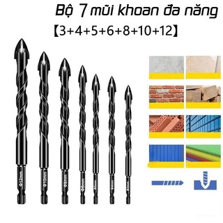 AIMVUKES Bộ 7 mũi khoan đa năng chân lục giác 4 cạnh thép đen Nhật Kapusi, khoan sắt, khoan kính thủy tinh, gạch men đá
