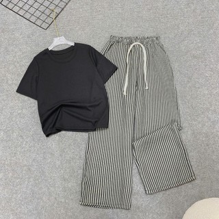 Set Bộ Bigsize Nữ Áo Thun Ôm Body Kèm Quần Kẻ Sọc Ống Suông Mặc Thoải Mái Cho Chubby G244+Q534
