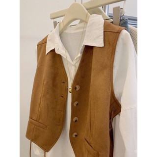 Áo Vest Da Lộn Ren Phong Cách Melard, Thiết Kế Mùa Thu, Cổ Chữ V Ngắn Không Tay
