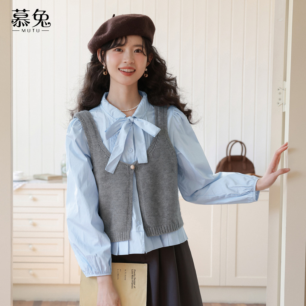 Mutu Preppy Phong Cách Nơ Dài Tay Áo Sơ Mi Nữ Mùa Xuân 2026 Phong Cách Mới Dệt Kim Áo Vest Top Hai Mảnh Bộ