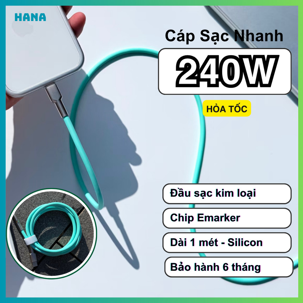 Dây cáp sạc nhanh type C 240W, chip E-marker, Dây silicon siêu bền, hỗ trợ QC/PD - BH 6 tháng