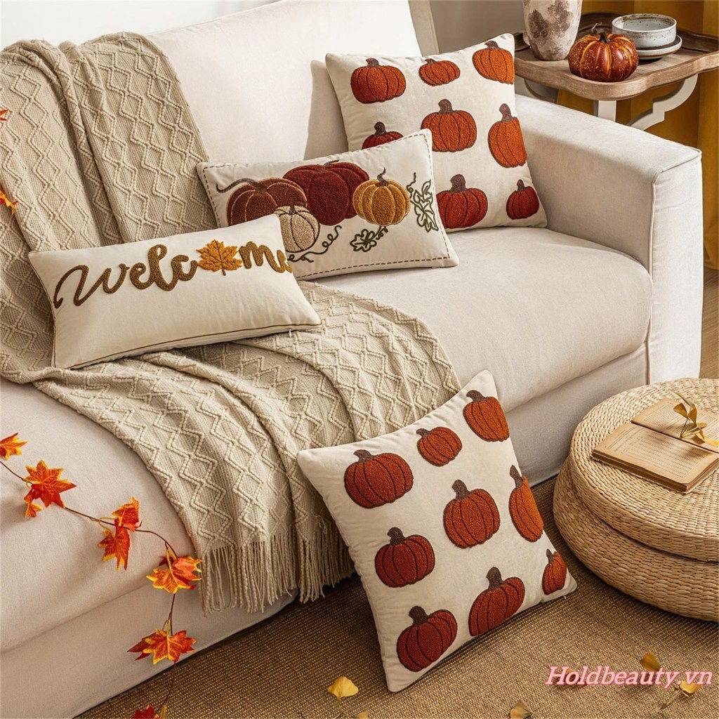Gối Lễ Tạ Ơn Thêu Bí Ngô Ném Gối Trang Trí Nhà Cho Sofa Phòng Ngủ