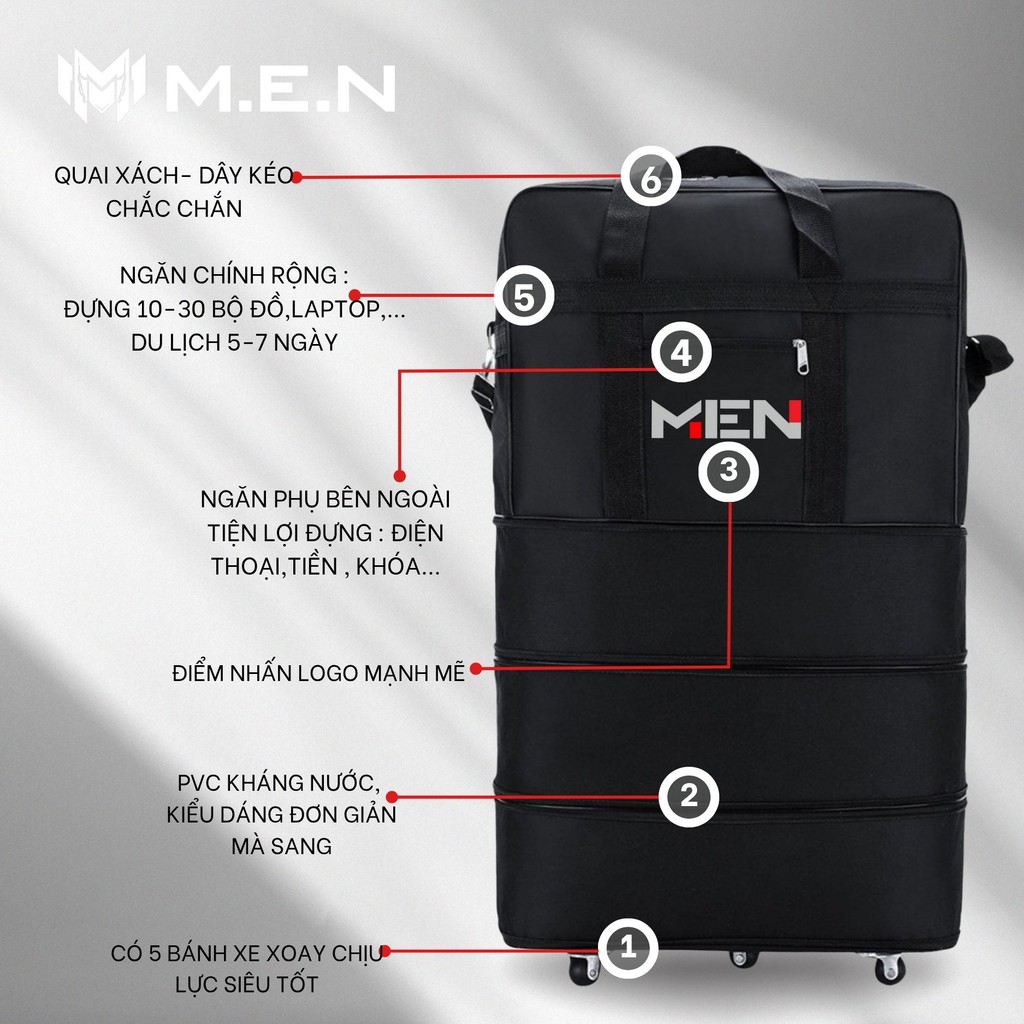 Túi du lịch gấp gọn nam nữ Men 5 bánh xe có 3 kích thước đen full siêu ngầu [CHẤT LƯỢNG]