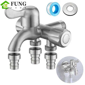 Vòi nước ba chiều FUNG, Chống rò rỉ có băng Vòi thép không gỉ, Cao cấp một trong ba ra Chống rỉ sét với máy giặt Vòi van góc ổ cắm Phòng tắm