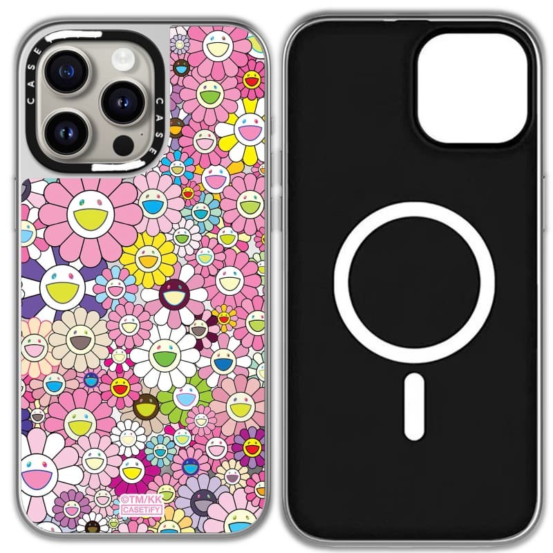 TAKASHI MURAKAMI x CASECASE: FLOWERS BLOOM (HỒNG) Gương đen & mảnh Vỏ iPhone hút từ tính cho iPhone 17 Air 16 15 14 13 12 Pro Max Plus logo khắc
