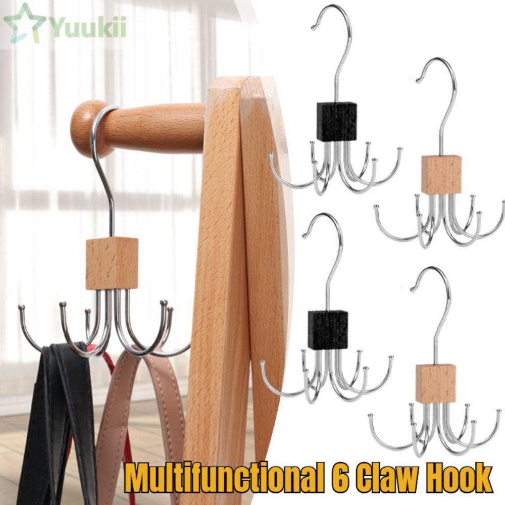 Móc tủ quần áo YUUKII, Móc treo có thể xoay bằng gỗ, Dụng cụ sắp xếp đai sáu móng vuốt đa năng không dấu vết bền bỉ