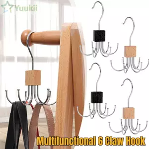 Móc tủ quần áo YUUKII, Móc treo có thể xoay bằng gỗ, Dụng cụ sắp xếp đai sáu móng vuốt đa năng không dấu vết bền bỉ