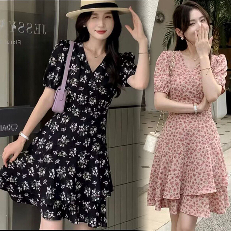 Đầm in hoa, phong cách cổ điển và dịu dàng, mẫu mới mùa hè, thắt eo, tay phồng, cổ chữ V, đầm ngắn tay