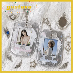 GUSTAVA Giá đỡ Photocard 3 inch, có móc khóa hình ngôi sao Cánh thiên thần Bảo vệ thẻ ảnh, Vỏ thẻ da PU di động dành cho người hâm mộ thần tượng Kpop