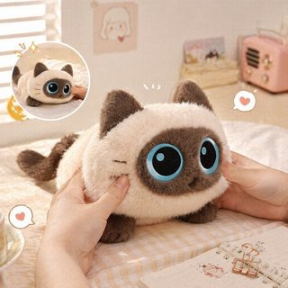 【BabyJoy】Gấu bông mèo đen mắt to dáng nằm, thú nhồi bông mèo tam thể, mèo Xiêm, gối ôm, quà tặng bé gái