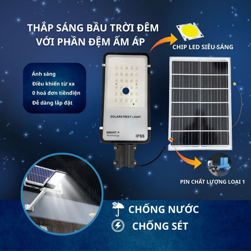 Đèn Đường Năng Lượng Mặt Trời 400W Chip LED SMD 3030 Pin Lithium Chống Nước IP67 Bảo Hành 5 Năm