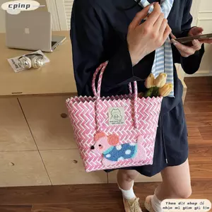 Túi xách CPINCP, Túi dệt công suất lớn hoạt hình, Thời trang 6 màu Dachshund Họa tiết đi biển Túi rơm đi biển Kỳ nghỉ đi biển