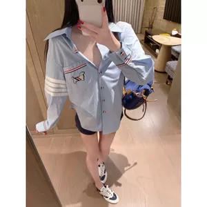 Preppy Phong Cách TB Puppy Áo Sơ Mi Nữ Cổ Điển Bốn Thanh Đỏ Trắng Xanh Ruy Băng Rời Dài Tay Áo Sơ Mi Xuân Hè