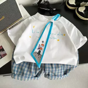 Bé trai (80-130) Áo thun trắng cà vạt in hình Hoàng tử bé + Quần short kiểm tra màu xanh Bộ đồ hai mảnh phong cách Preppy