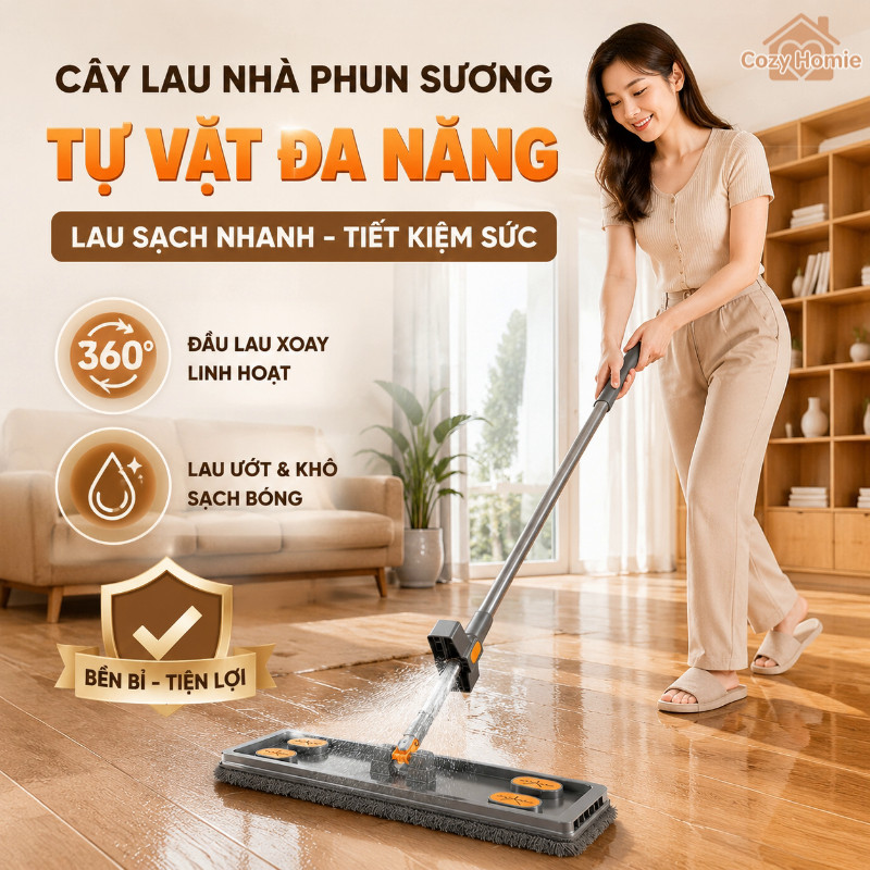 cây lau nhà phun sương tự vắt đa năng lau khô ướt đầu xoay kèm khăn lau sợi mịn cán dài