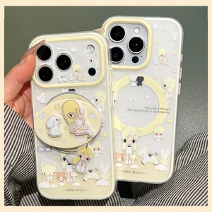 Ốp Cho iPhone 17PM 16 Pro Max 15 Thu Hút Từ Tính Vỏ Điện Thoại Di Động Cô Gái Tóc Vàng Đáng Yêu Chống Sốc TPU Mềm Chống Trầy Xước Vỏ Điện Thoại Có Mặt Dây Chuyền Hình Bầu Dục Đứng