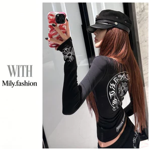 Milyfashion Slim-fit Áo thun dài tay in hình đáy Áo sơ mi cổ tròn lớn cổ hẹp Áo nữ thu đông Niche sang trọng Hợp thời trang ngọt ngào Cô gái nóng bỏng