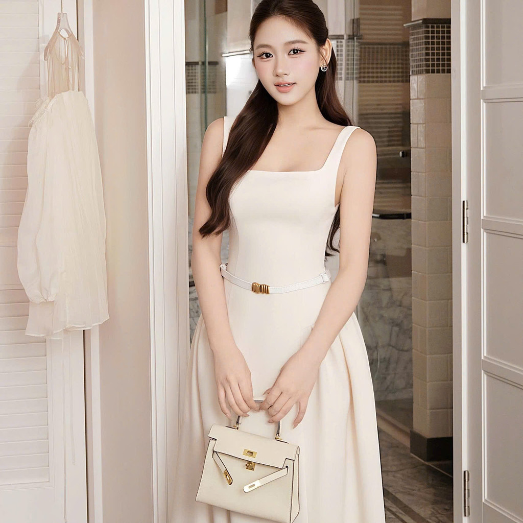 Đầm midi Khiết trắng kem thiết kế cổ vuông thanh lịch đi kèm belt da sang trọng KD449B