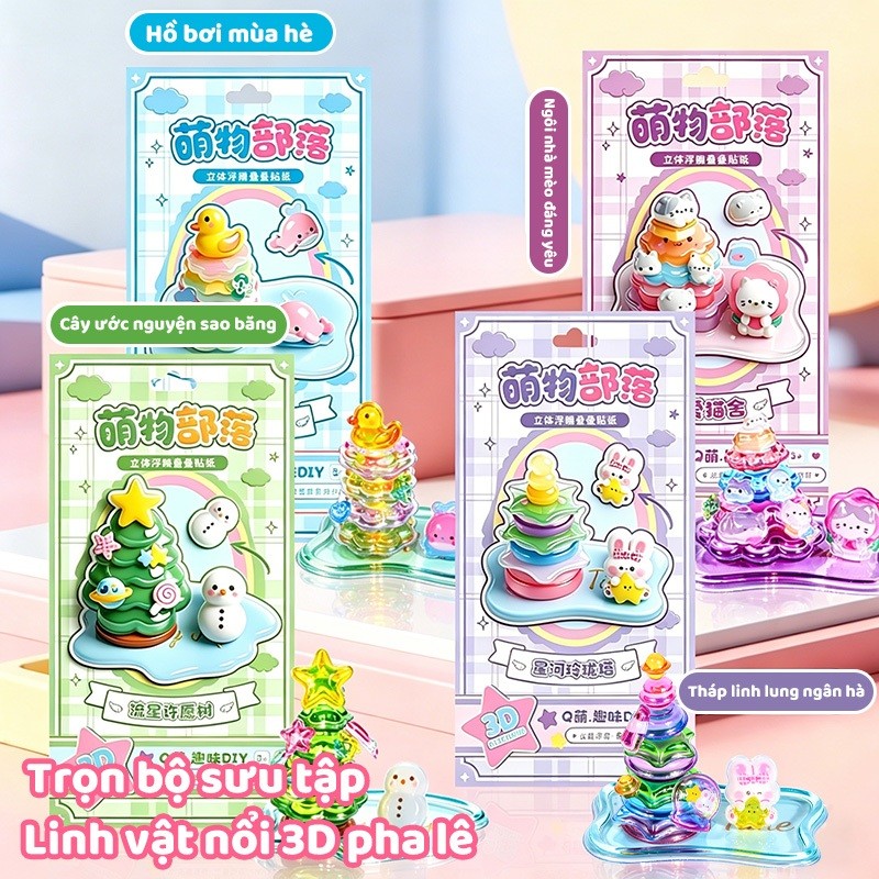 Sticker 3D Acrylic Sticker Nổi Pha Lê DIY Decor Tủ Kính Bàn Học, Hình Dán Hoạt Hình Dễ Thương