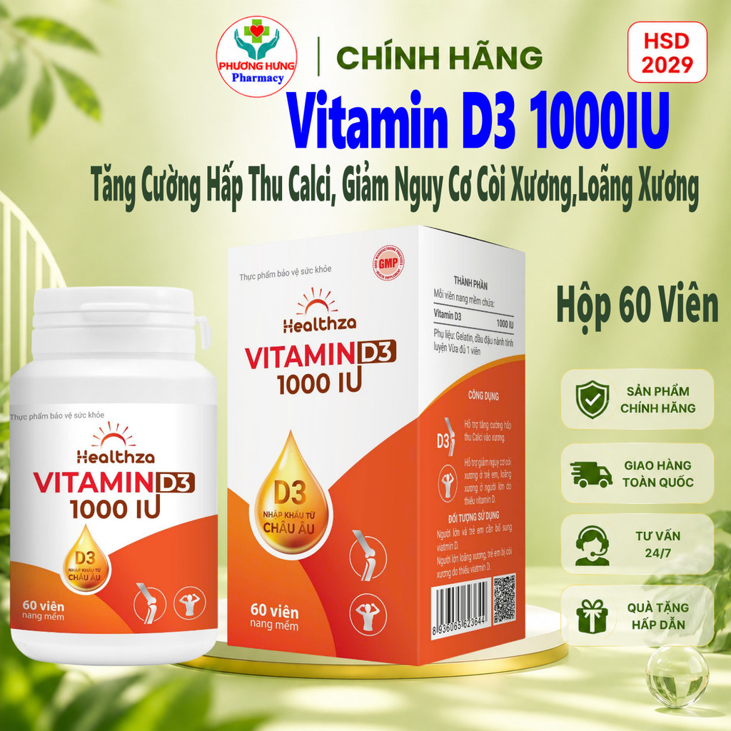Healthza Vitamin D3 1000IU Tăng Cường Hấp Thu Calci, Giảm Nguy Cơ Còi Xương,Loãng Xương-Hộp 60 Viên
