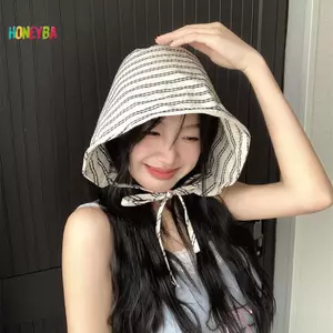 < Honeyba > Mũ Buet vành lớn có thể gập lại có dây cho nữ sọc Hàn Quốc Nữ Panama Bob Mũ ngư dân đi biển ngoài trời Đẹp