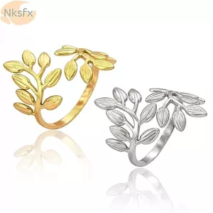 Nhẫn lá nhánh NKSFX, Nhẫn mở lá bằng thép không gỉ tinh tế, Phụ kiện trang sức dự tiệc có thể điều chỉnh sang trọng nhẹ nhàng dành cho nữ