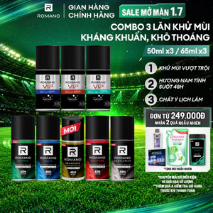 Combo 3 Lăn khử mùi Romano Khử mùi vượt trội, Hương nam tính suốt 48H ( 50ml x 3 )