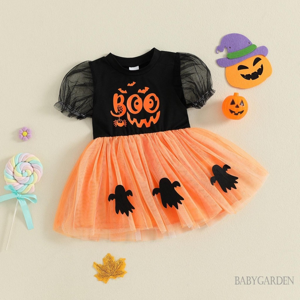 6m-4Y Bé Gái Halloween Váy tuyn Tay Ngắn Mèo Đen In Hình Họa Tiết Dơi Ma Quái