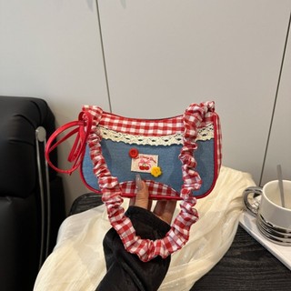 Túi đeo nách NECKLACEMASK, Túi đeo vai họa tiết kẻ sọc màu đỏ, Túi Tote thiết kế họa tiết nơ ren