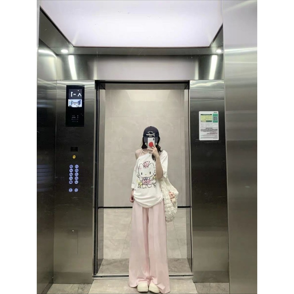 Milyfashion Fun kitty In Hình Slanted Vai Áo Thun Tay Ngắn Mùa Hè Phong Cách Mới Rời Tinh Khiết Desire Top Quần Áo Nữ