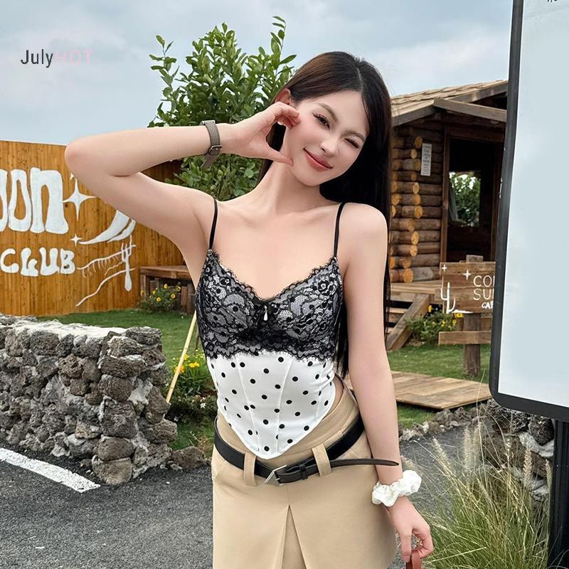 Áo Sơ Mi Cổ Chữ V Ren Chấm Bi Mùa Hè Gợi Cảm JULYHOT Nữ