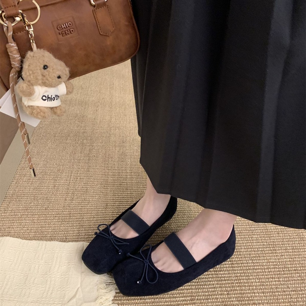 Giày nữ mũi vuông nơ nghệ thuật Mary Jane Flats Suede