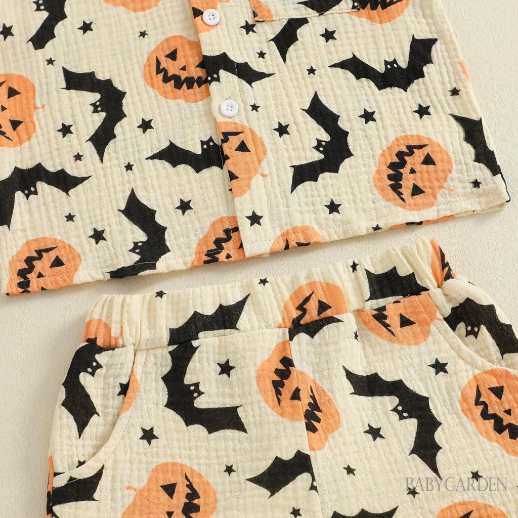 Trẻ Em Bé Trai Trang Phục Halloween Bí Ngô Bát In Hình Áo Sơ Mi Tay Ngắn + Quần Short