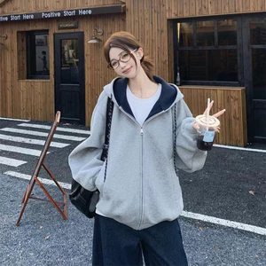 【Hot Trend】Áo Hoodie Nữ Màu Xám Phong Cách Hàn Quốc Có Mũ Trùm Khóa Kéo Thu Đông