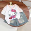 Bộ quần áo bé gái 6-15 tuổi, Set áo cotton Kitty quần sooc bò jean cho bé gái 15-45kg