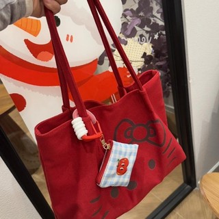 [Đến 3-5 ngày] Túi đeo vai bằng vải Canvas nữ in hình Hello Kitty, Túi Tote nhẹ dung tích lớn để đi học, Chất liệu bền bỉ Thời trang dễ thương