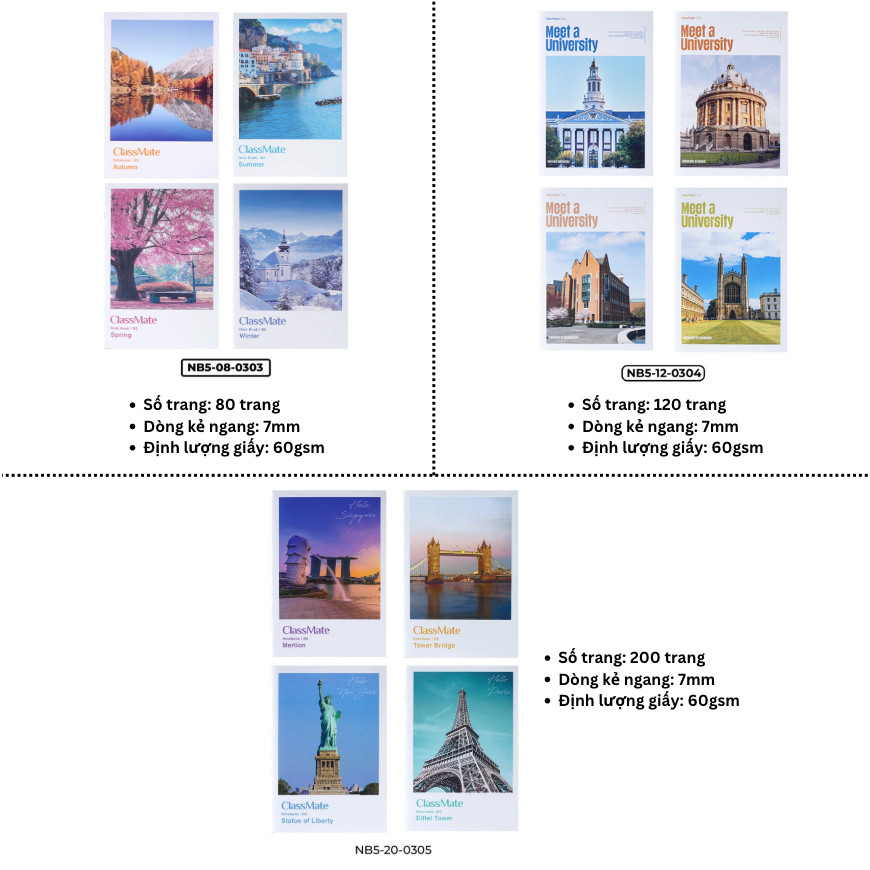 Bộ 5/10 Vở Kẻ Ngang B5  80/120/200 Trang, Bìa Travel Chống Nước, Dòng Kẻ 2 Màu Chống Loá, Giấy Mịn Viết Đẹp -AT