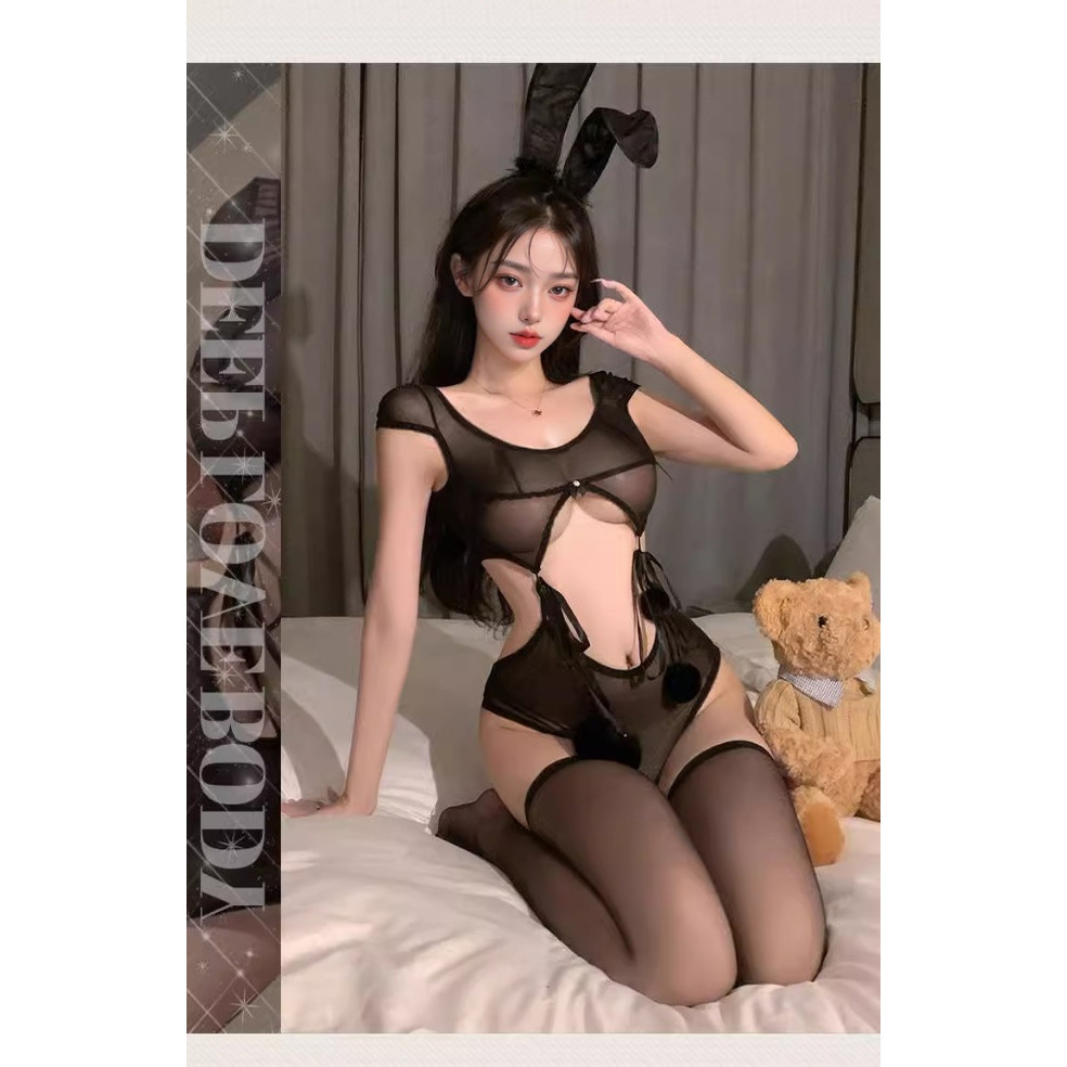 Gợi cảm jumpsuit thỏ dễ thương có nơ lông bóng - Bộ đồ ngủ homewear