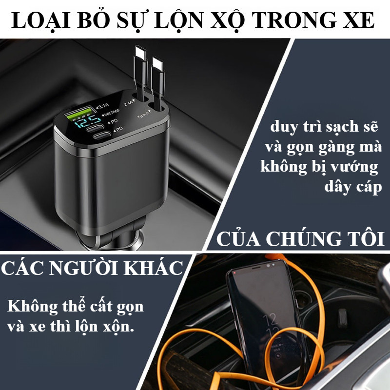 Tẩu Sạc Ô Tô 120W Đa Năng - 4 Cổng Sạc Cùng Lúc, Đèn LED Báo Hiệu, Sạc Nhanh An Toàn